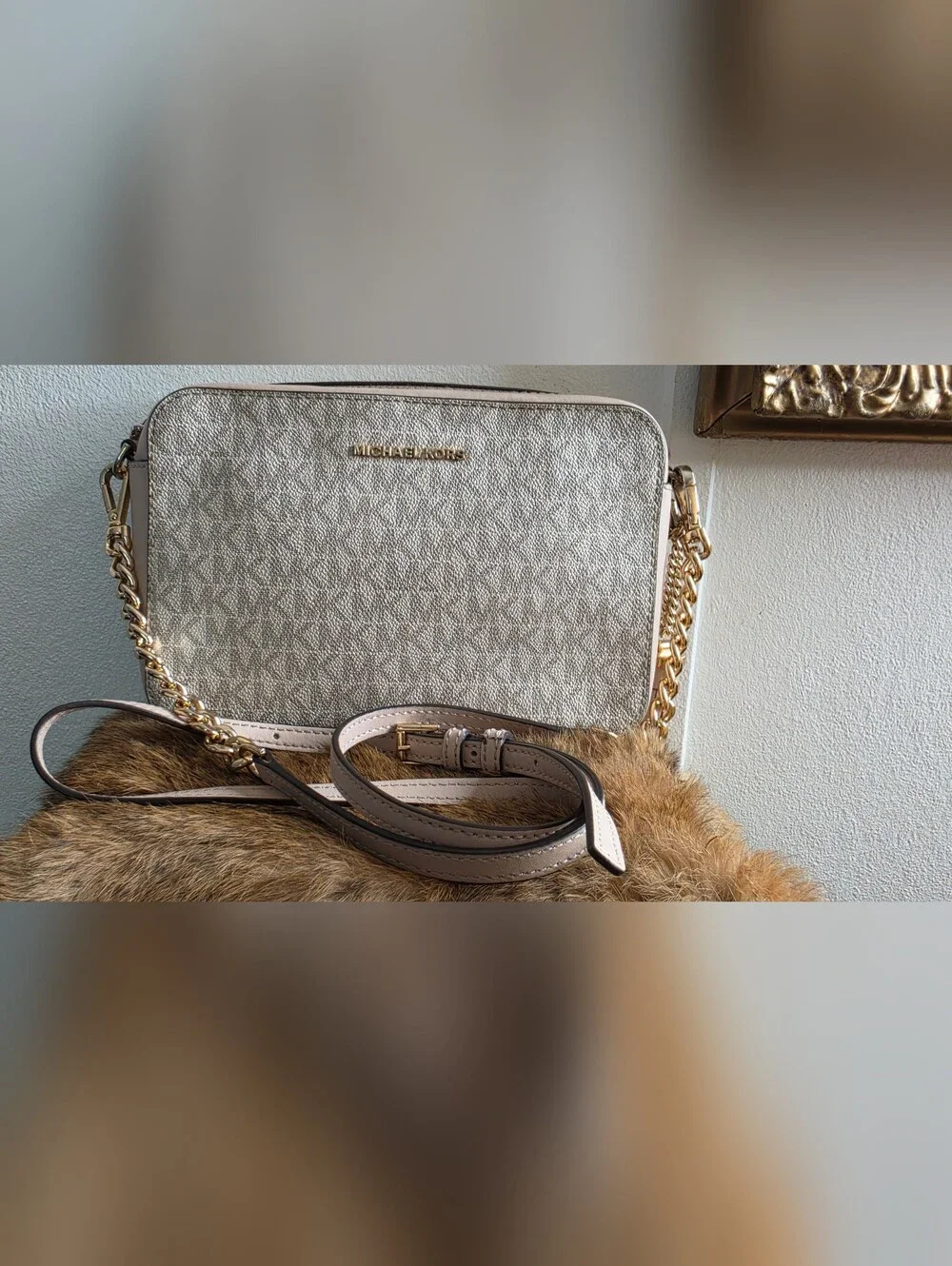 Michael Kors Jet Set Monogram Crossbody Bag in Beige and Light Pink